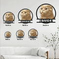 Scottish Fold cat metal sign size guide showing six available square dimensions in a living room setting