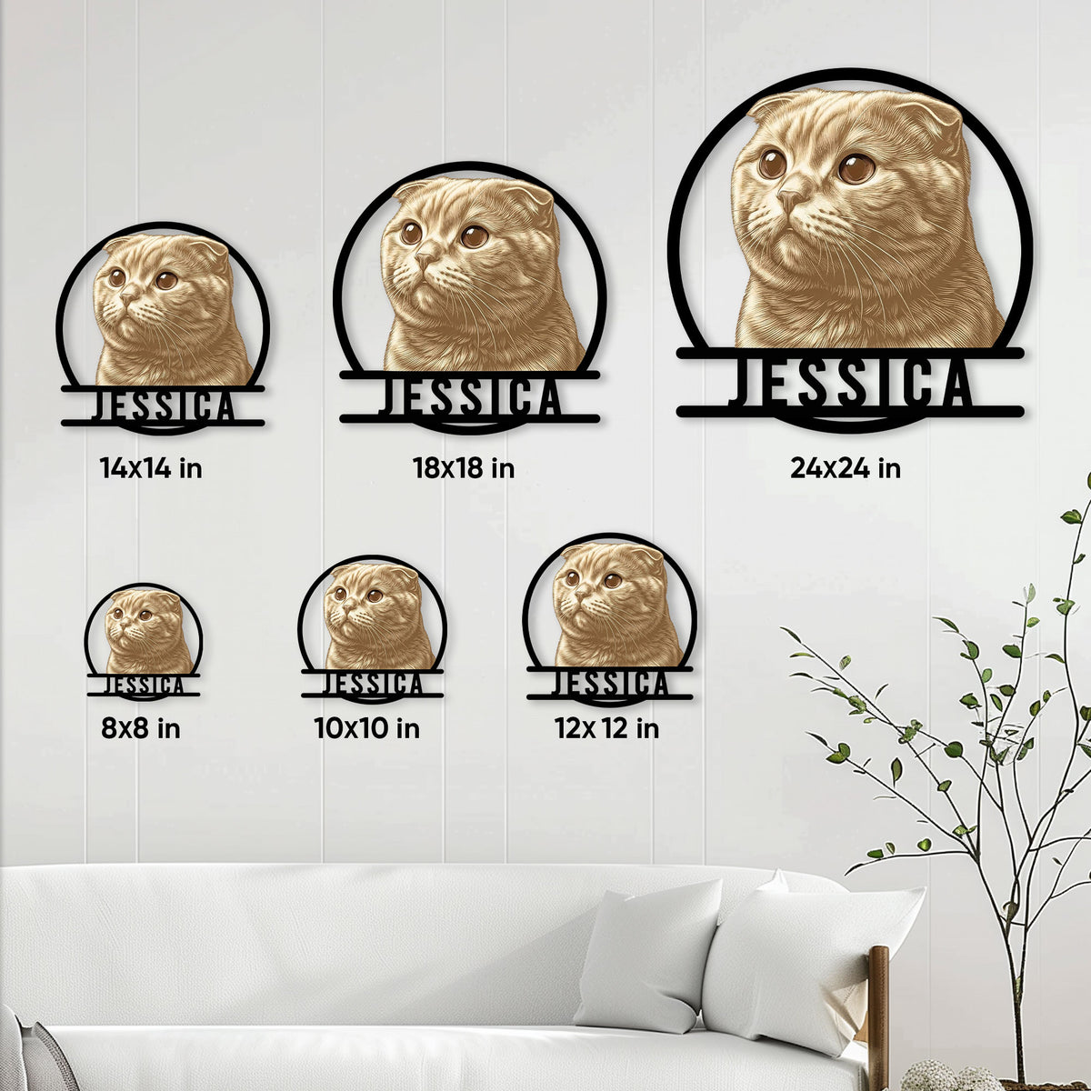 Scottish Fold cat metal sign size guide showing six available square dimensions in a living room setting