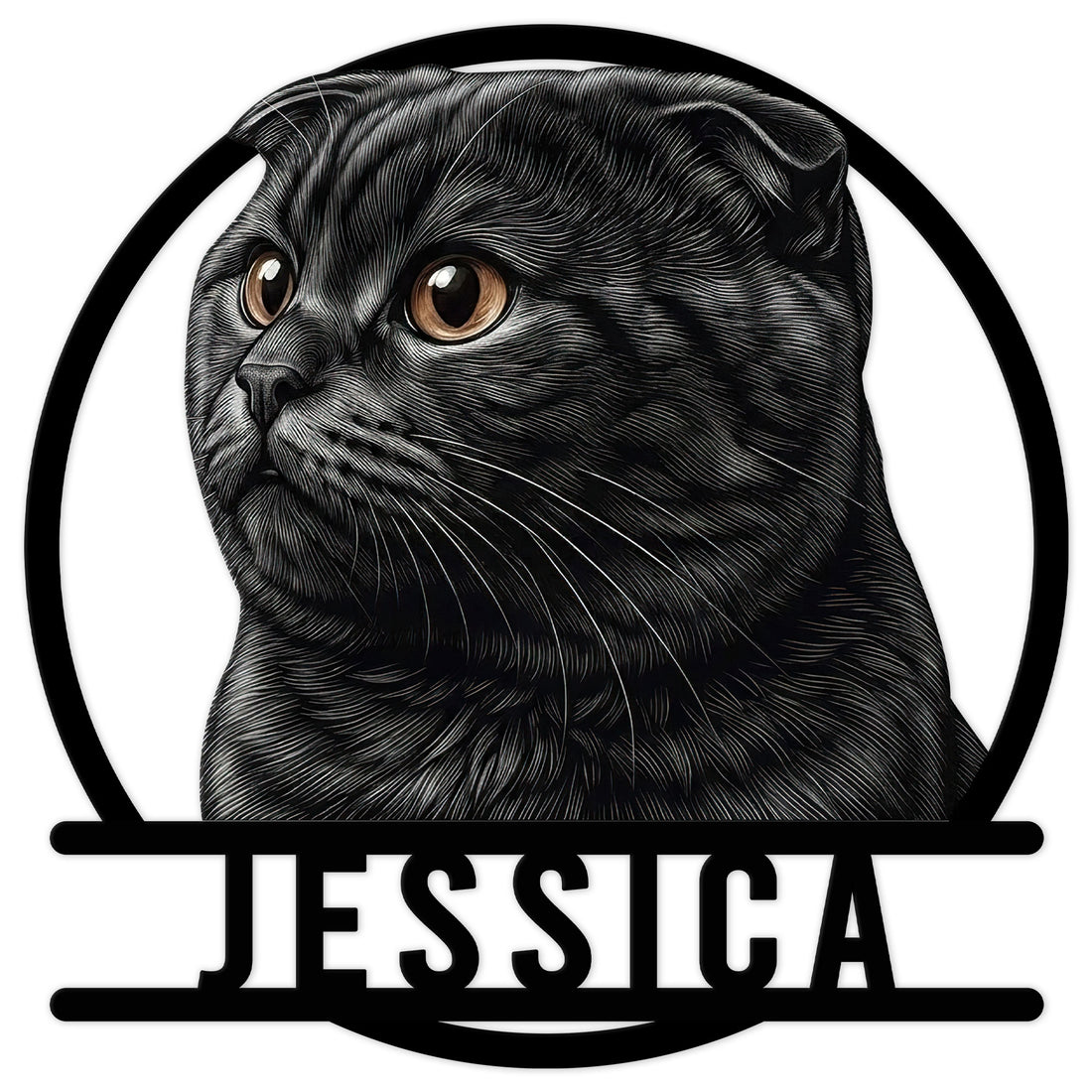 Detailed black Scottish Fold cat portrait in a circular metal sign design
