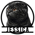 Detailed black Scottish Fold cat portrait in a circular metal sign design