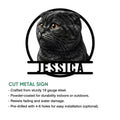 Scottish Fold cat metal sign shown with a feature guide for indoor and outdoor display