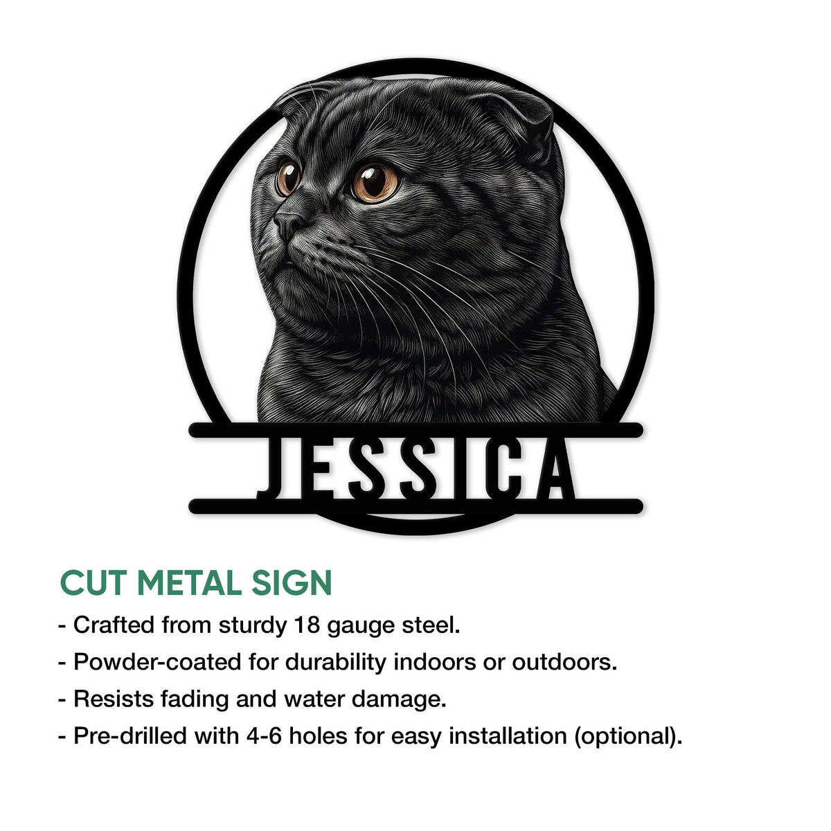 Scottish Fold cat metal sign shown with a feature guide for indoor and outdoor display