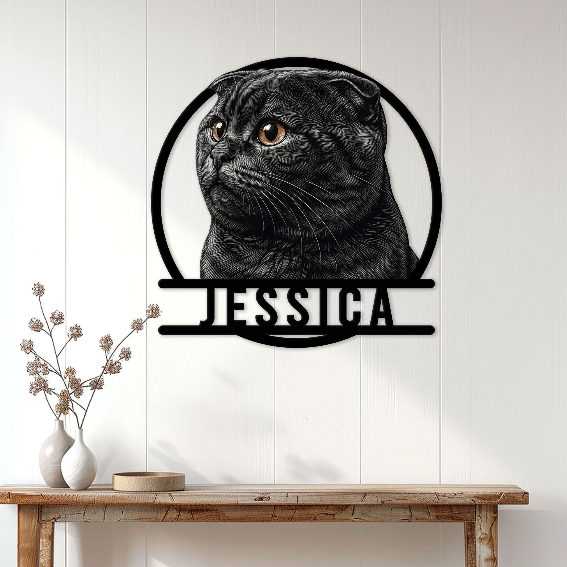 Custom Scottish Fold cat metal sign displayed on a bright entryway wall