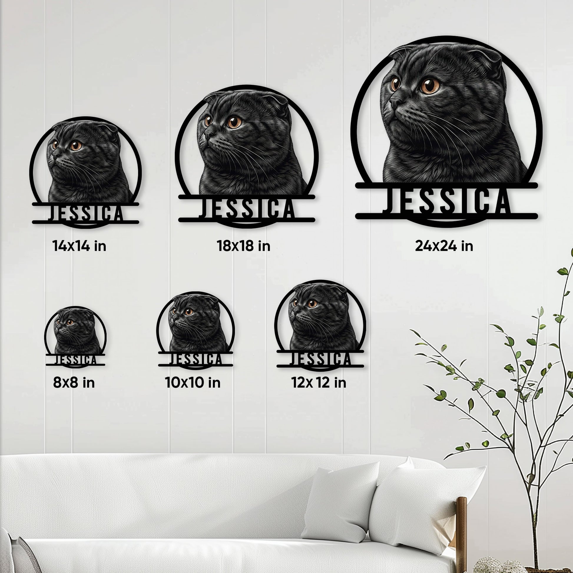 Scottish Fold cat metal sign size guide showing options from 8 by 8 to 24 by 24 inches
