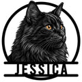 Detailed Norwegian Forest Cat metal sign with a long-haired black cat portrait, circular frame, and bold cutout design