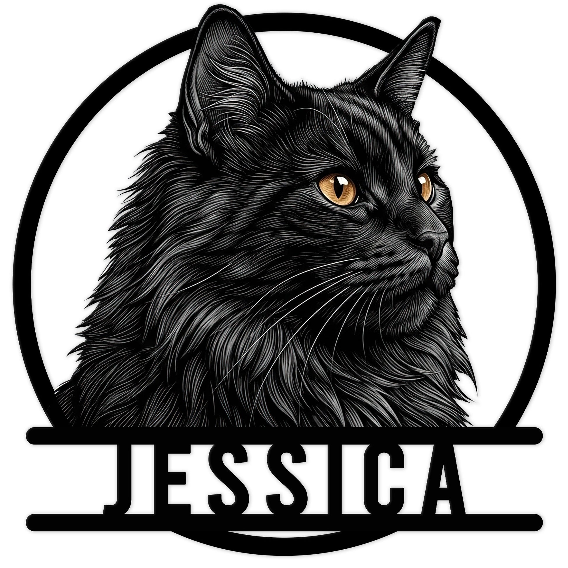 Detailed Norwegian Forest Cat metal sign with a long-haired black cat portrait, circular frame, and bold cutout design