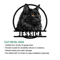 Norwegian Forest Cat metal sign shown with a close-up view of the detailed feline artwork and product feature information