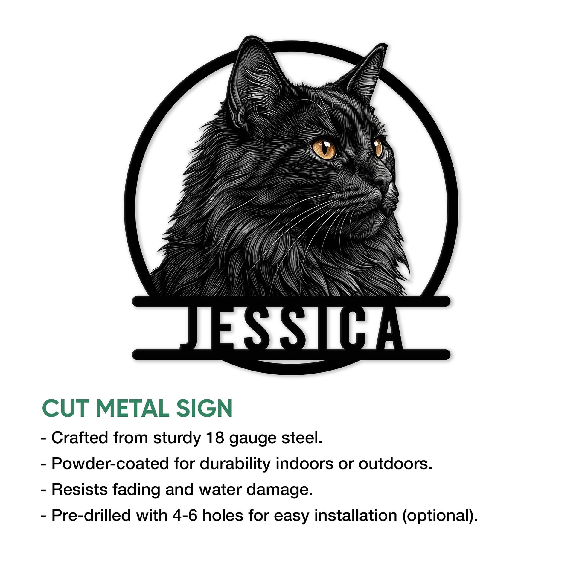 Norwegian Forest Cat metal sign shown with a close-up view of the detailed feline artwork and product feature information