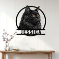 Norwegian Forest Cat wall sign displayed on a light wood-paneled wall above a console table in a home decor setting