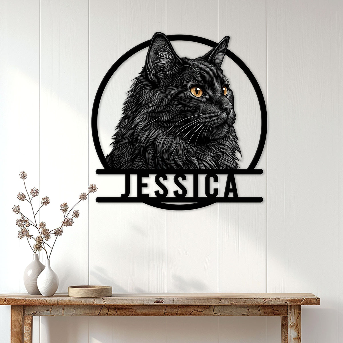 Norwegian Forest Cat wall sign displayed on a light wood-paneled wall above a console table in a home decor setting