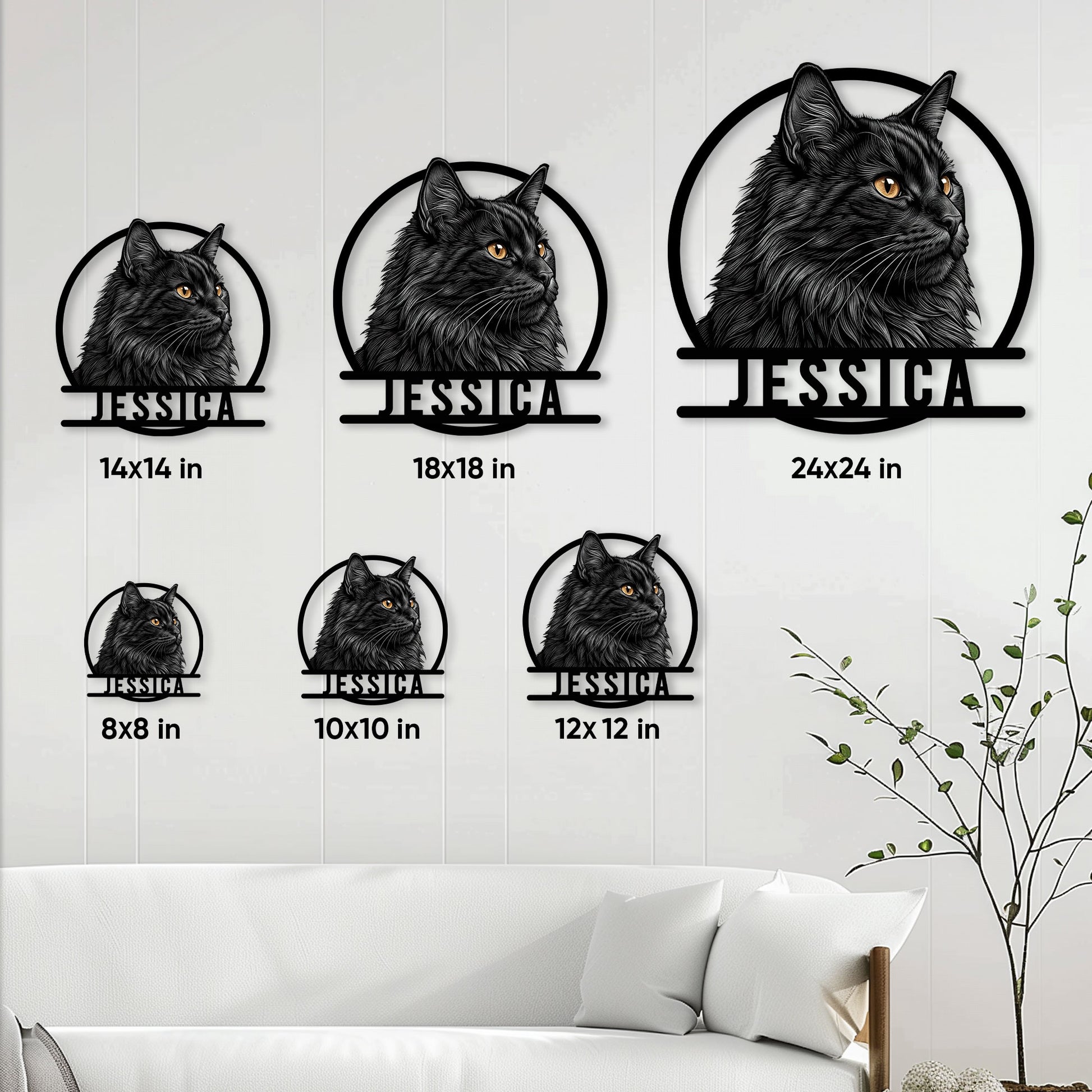Norwegian Forest Cat metal sign shown in multiple size options on a living room wall for scale comparison