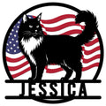 Norwegian Forest Cat metal sign featuring a long-haired black cat silhouette over an American flag