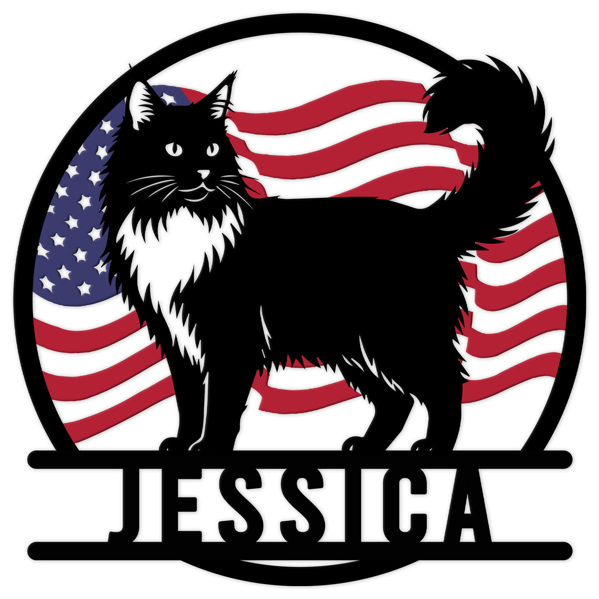 Norwegian Forest Cat metal sign featuring a long-haired black cat silhouette over an American flag