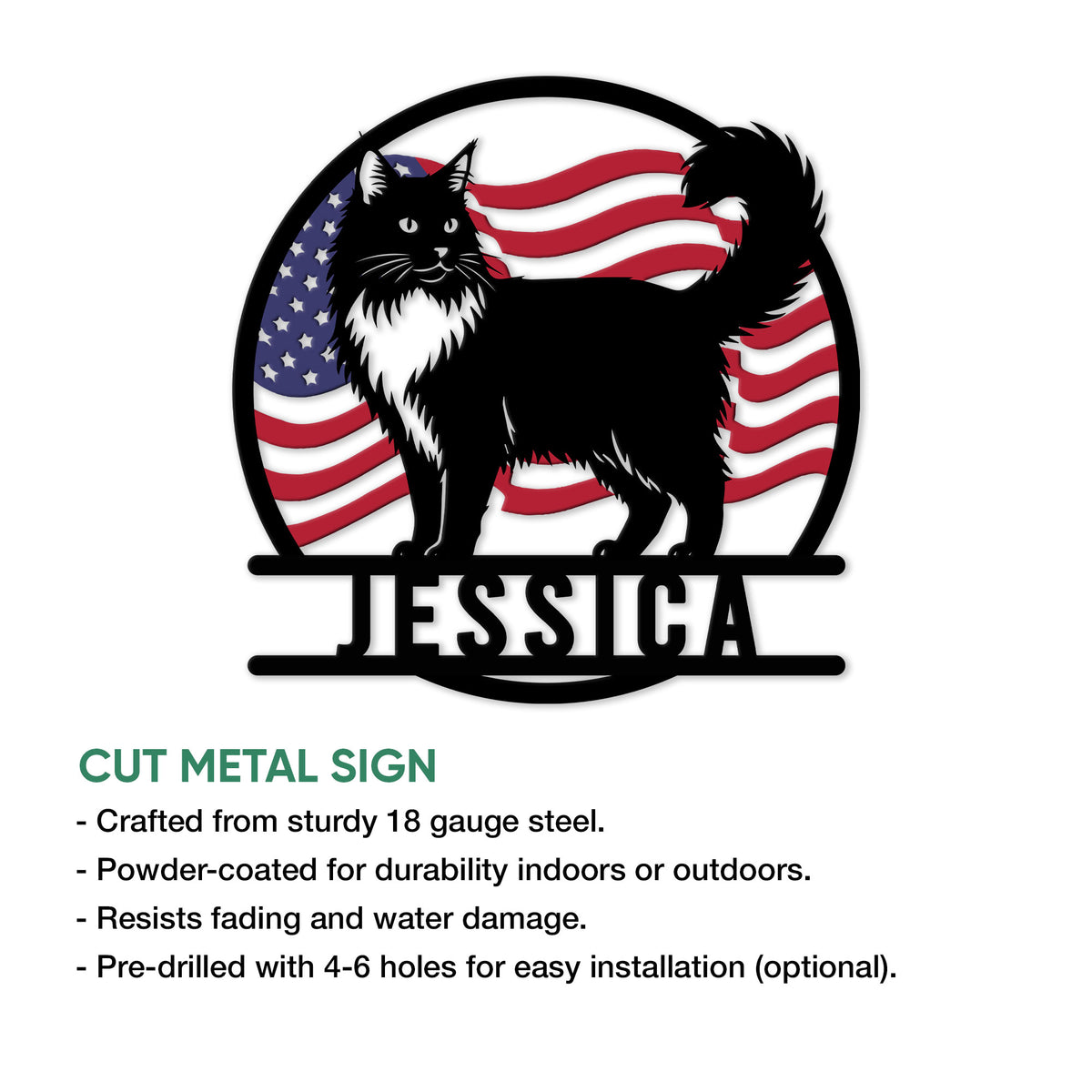 Norwegian Forest Cat metal sign shown in a product feature graphic with a patriotic cat design