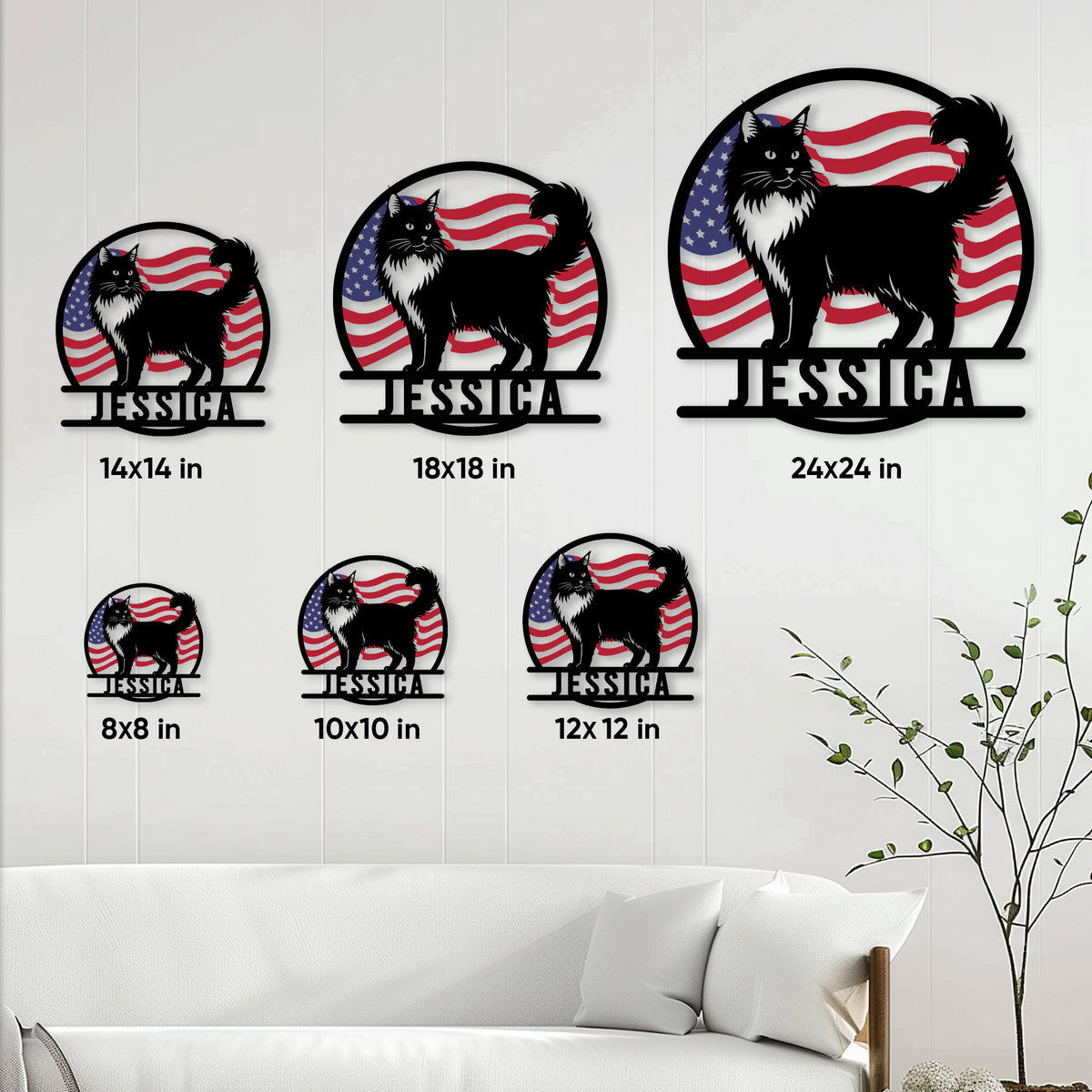 Norwegian Forest Cat metal sign shown in multiple size options from 8x8 to 24x24 inches