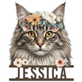 Floral Norwegian Forest Cat metal sign featuring a detailed long-haired cat portrait with a flower crown