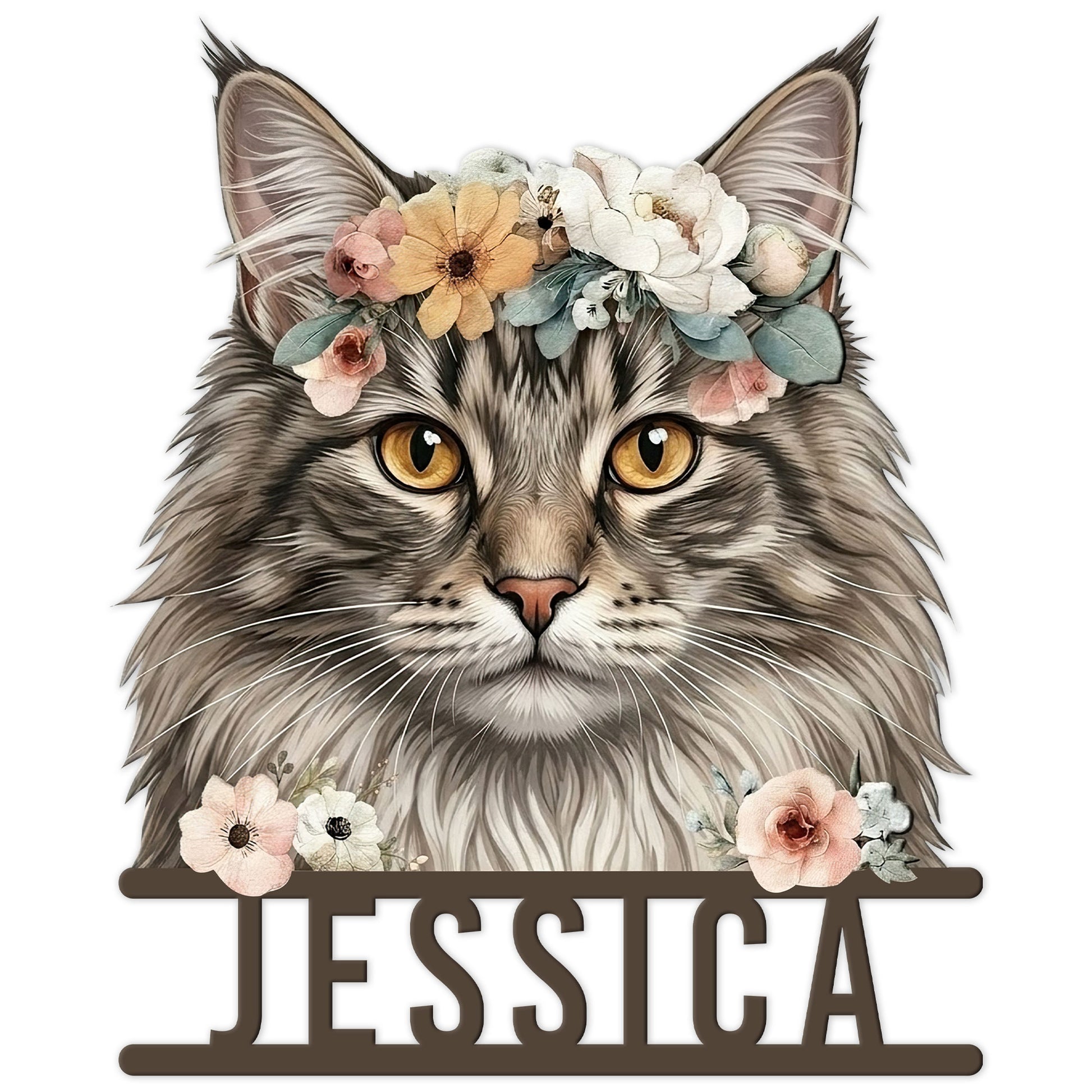 Floral Norwegian Forest Cat metal sign featuring a detailed long-haired cat portrait with a flower crown