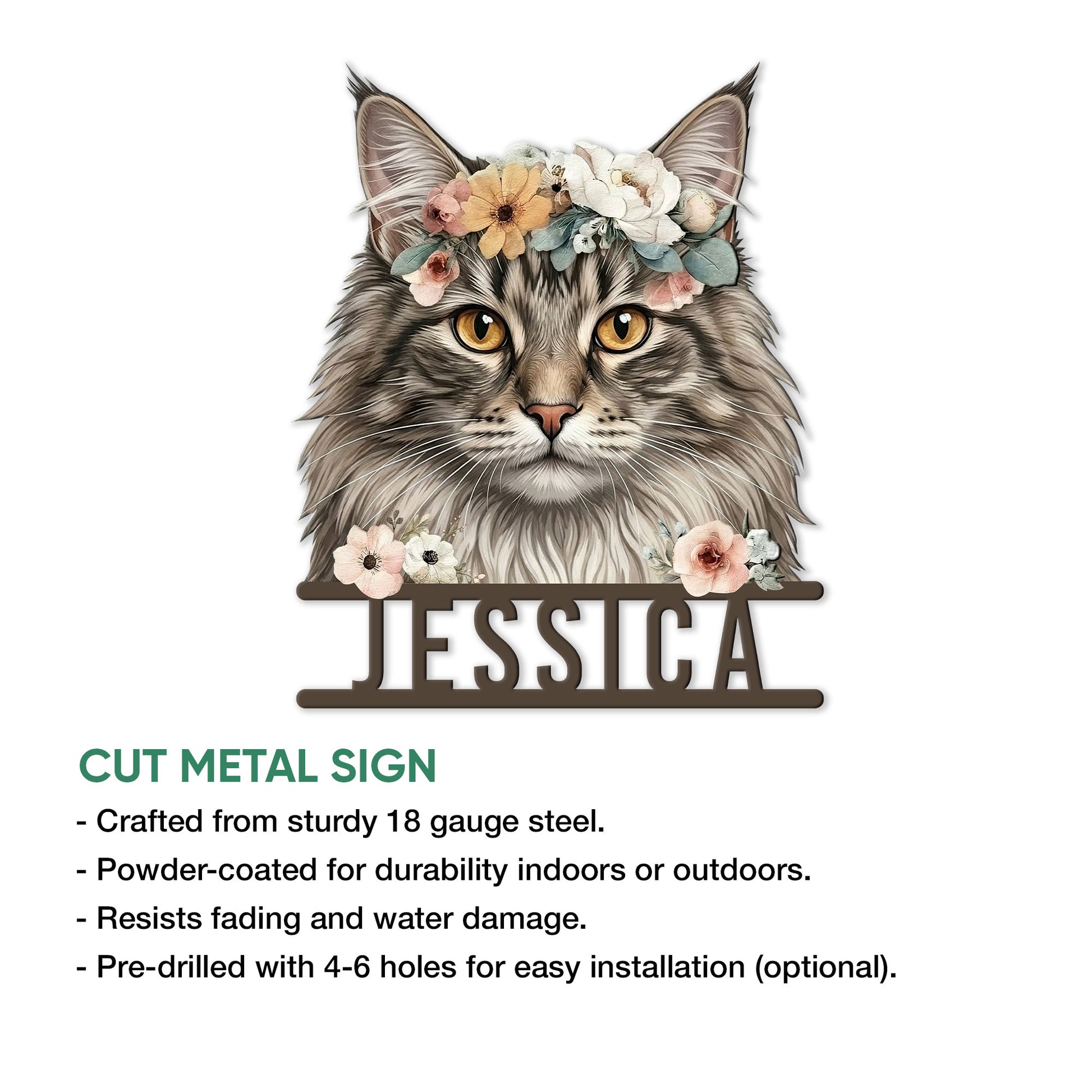Norwegian Forest Cat metal sign feature graphic showing the floral cat portrait and product presentation