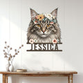 Norwegian Forest Cat metal sign displayed on a light wood-paneled wall above a console table
