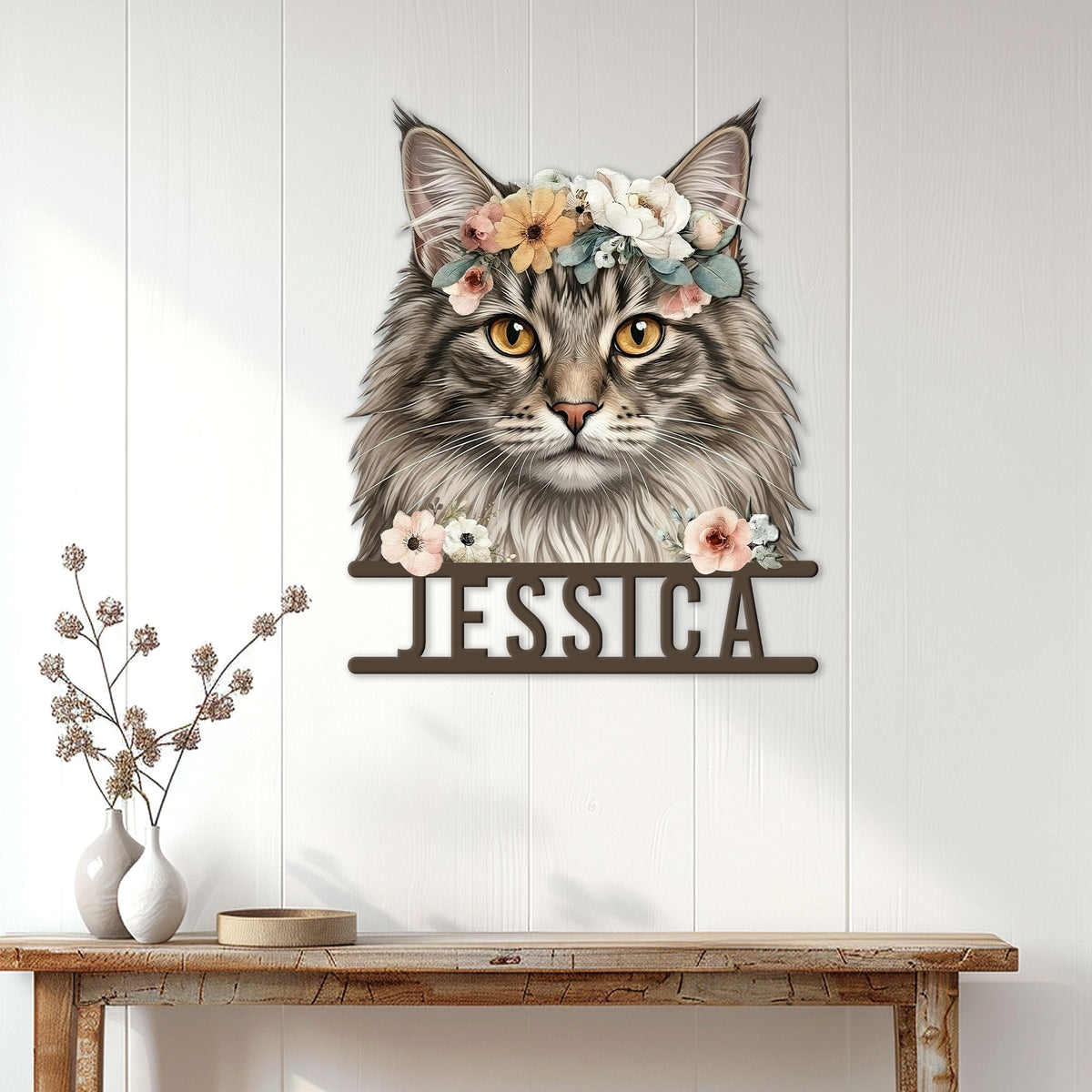 Norwegian Forest Cat metal sign displayed on a light wood-paneled wall above a console table