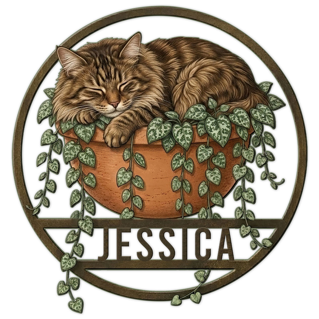 Norwegian Forest Cat metal sign featuring a fluffy sleeping cat in a terracotta planter with trailing vines