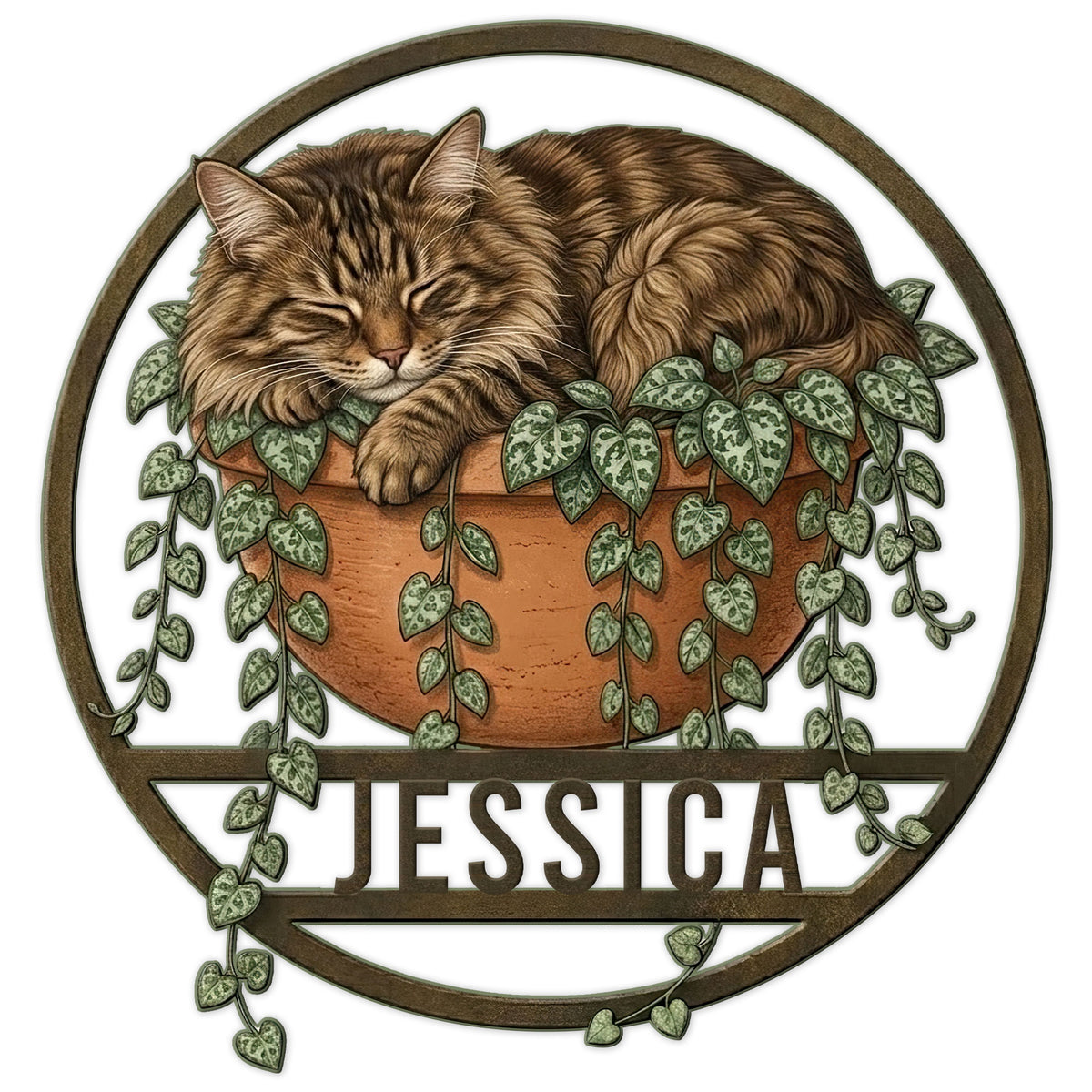 Norwegian Forest Cat metal sign featuring a fluffy sleeping cat in a terracotta planter with trailing vines