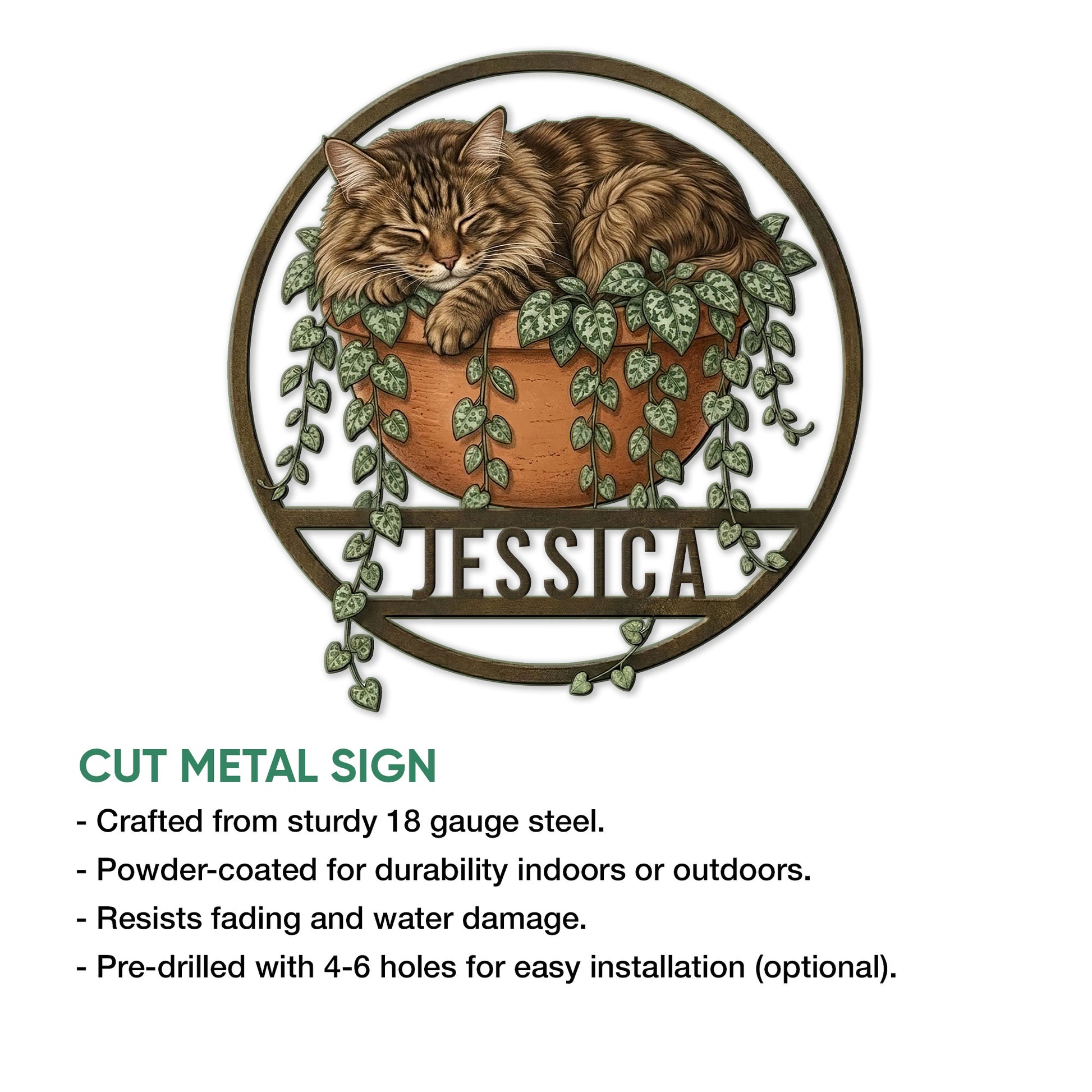 Norwegian Forest Cat cut metal sign shown with a round frame, sleeping cat, potted plant, and trailing foliage