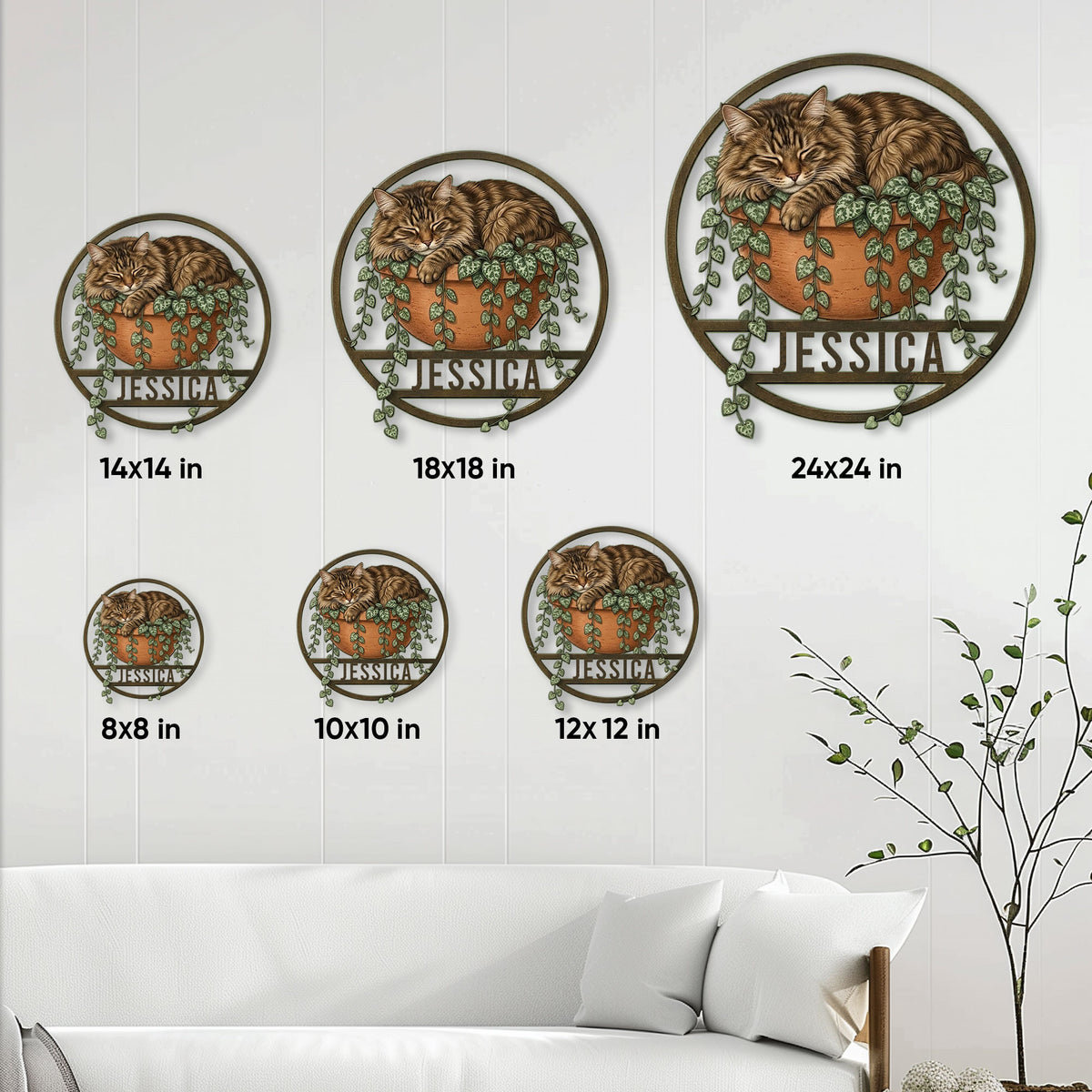 Norwegian Forest Cat metal sign size guide showing 8, 10, 12, 14, 18, and 24 inch options