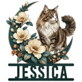 Norwegian Forest Cat metal sign featuring a fluffy cat among cream flowers and teal leaves
