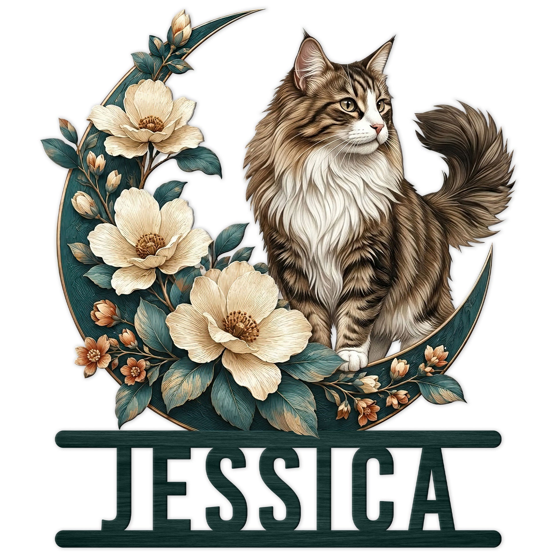 Norwegian Forest Cat metal sign featuring a fluffy cat among cream flowers and teal leaves
