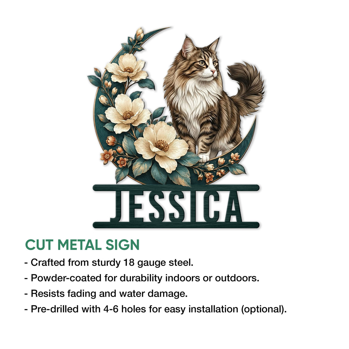 Norwegian Forest Cat cut metal sign shown with product features and installation details