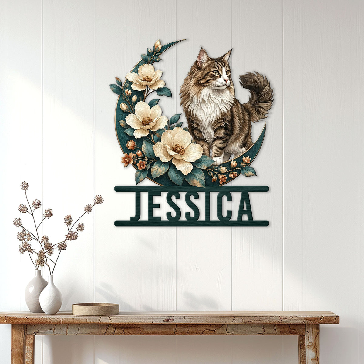 Norwegian Forest Cat wall sign displayed above a console table in a bright home entryway