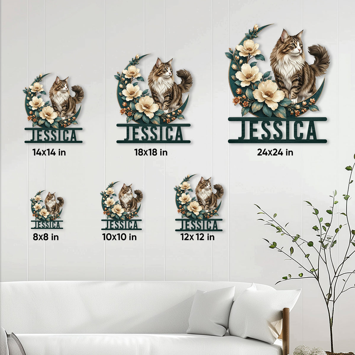 Norwegian Forest Cat metal sign size guide showing six available square size options