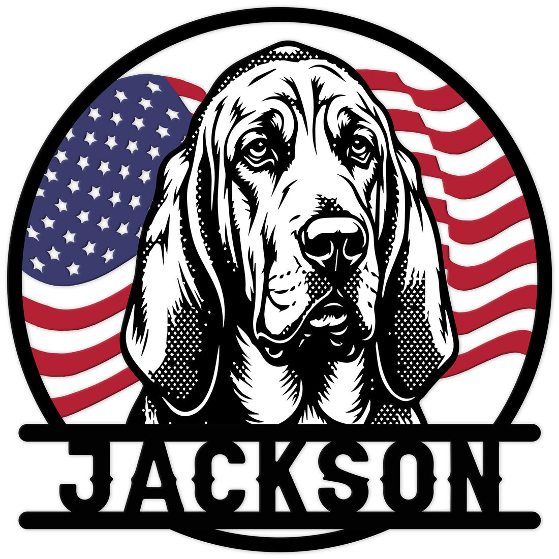 Patriotic bloodhound portrait metal sign featuring an American flag background and bold circular frame