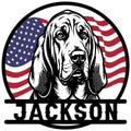 Patriotic bloodhound portrait metal sign featuring an American flag background and bold circular frame