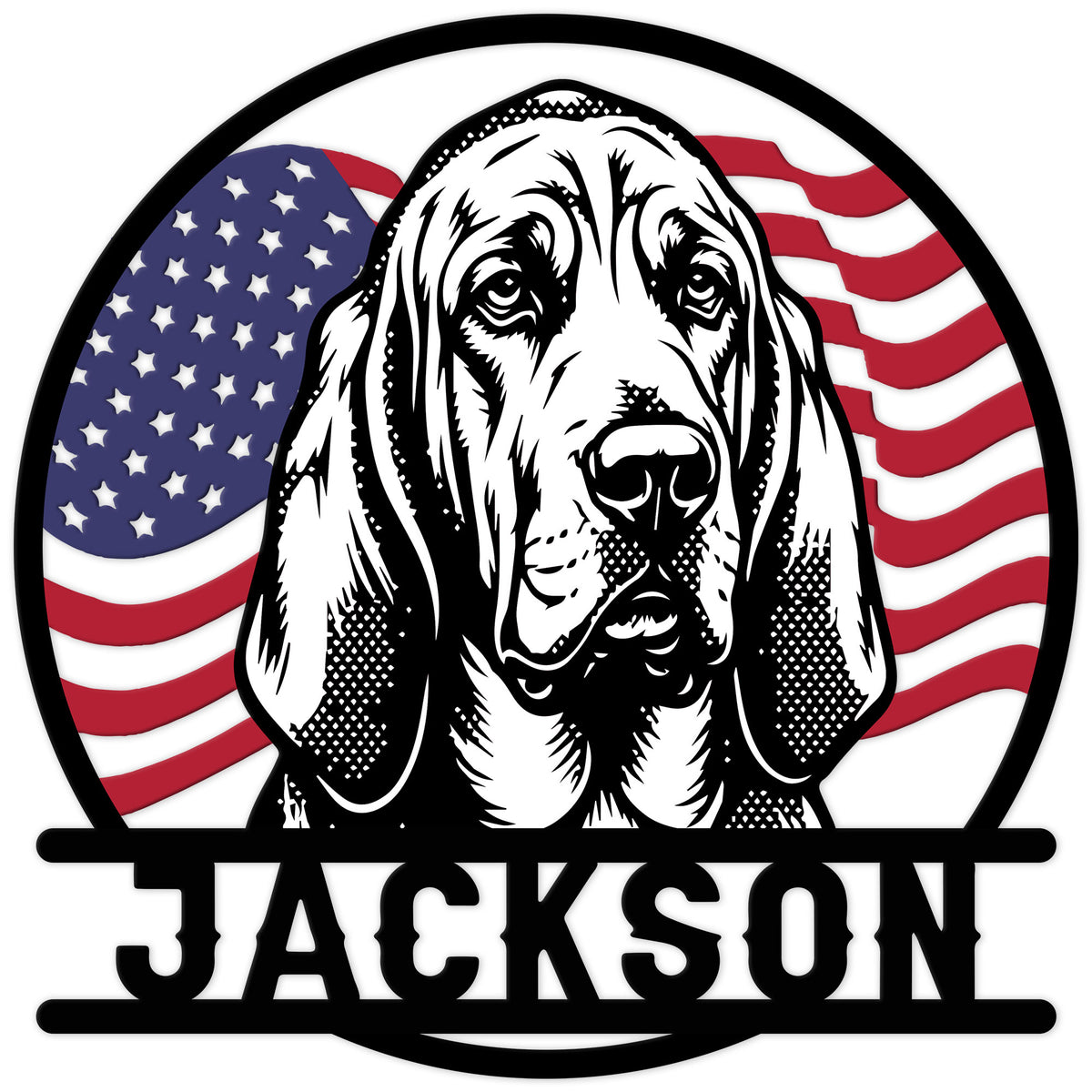 Patriotic bloodhound portrait metal sign featuring an American flag background and bold circular frame