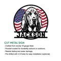 Bloodhound metal sign feature graphic showing cut-metal construction, finish, and available size options
