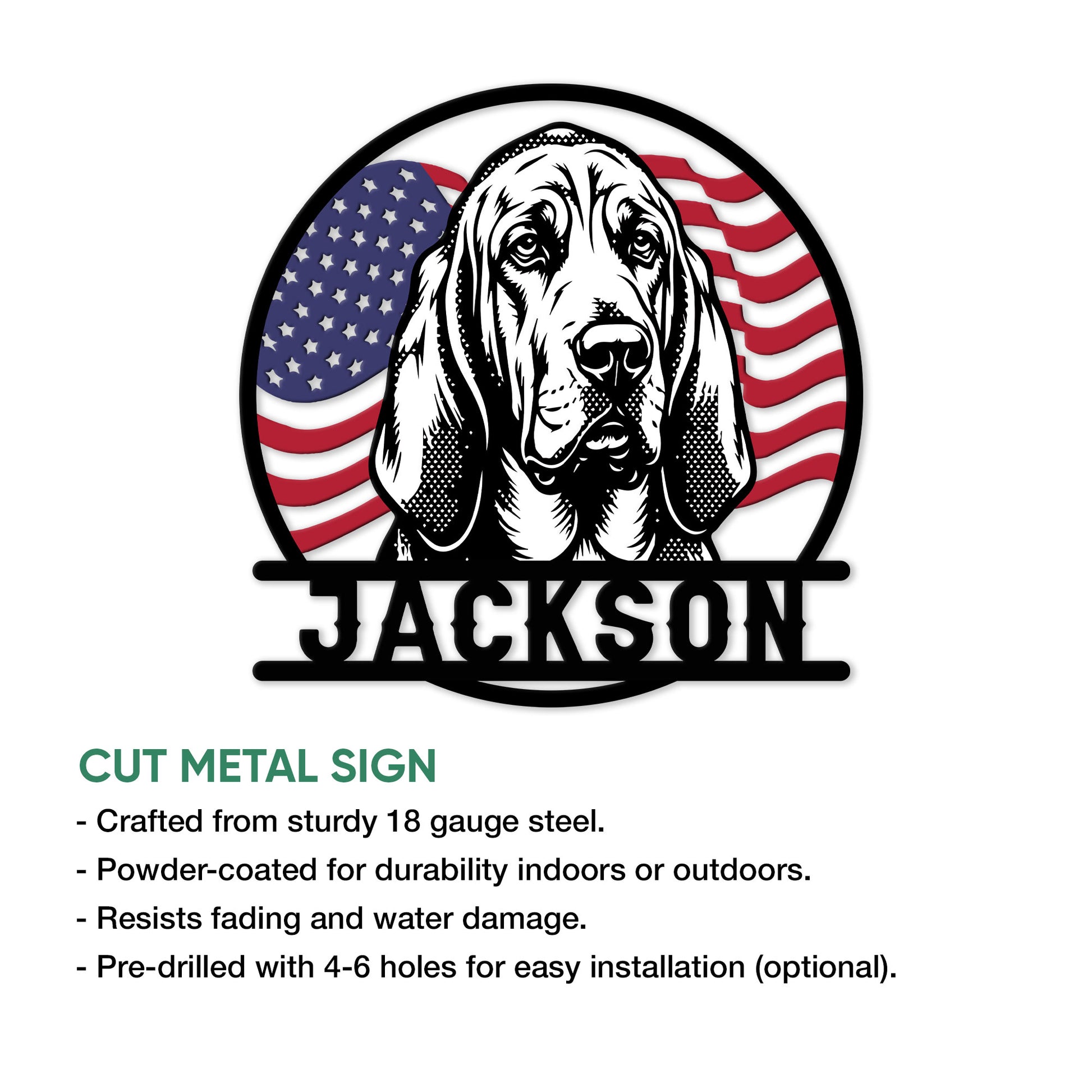 Bloodhound metal sign feature graphic showing cut-metal construction, finish, and available size options