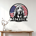 Patriotic bloodhound metal sign displayed as wall decor above a rustic console table