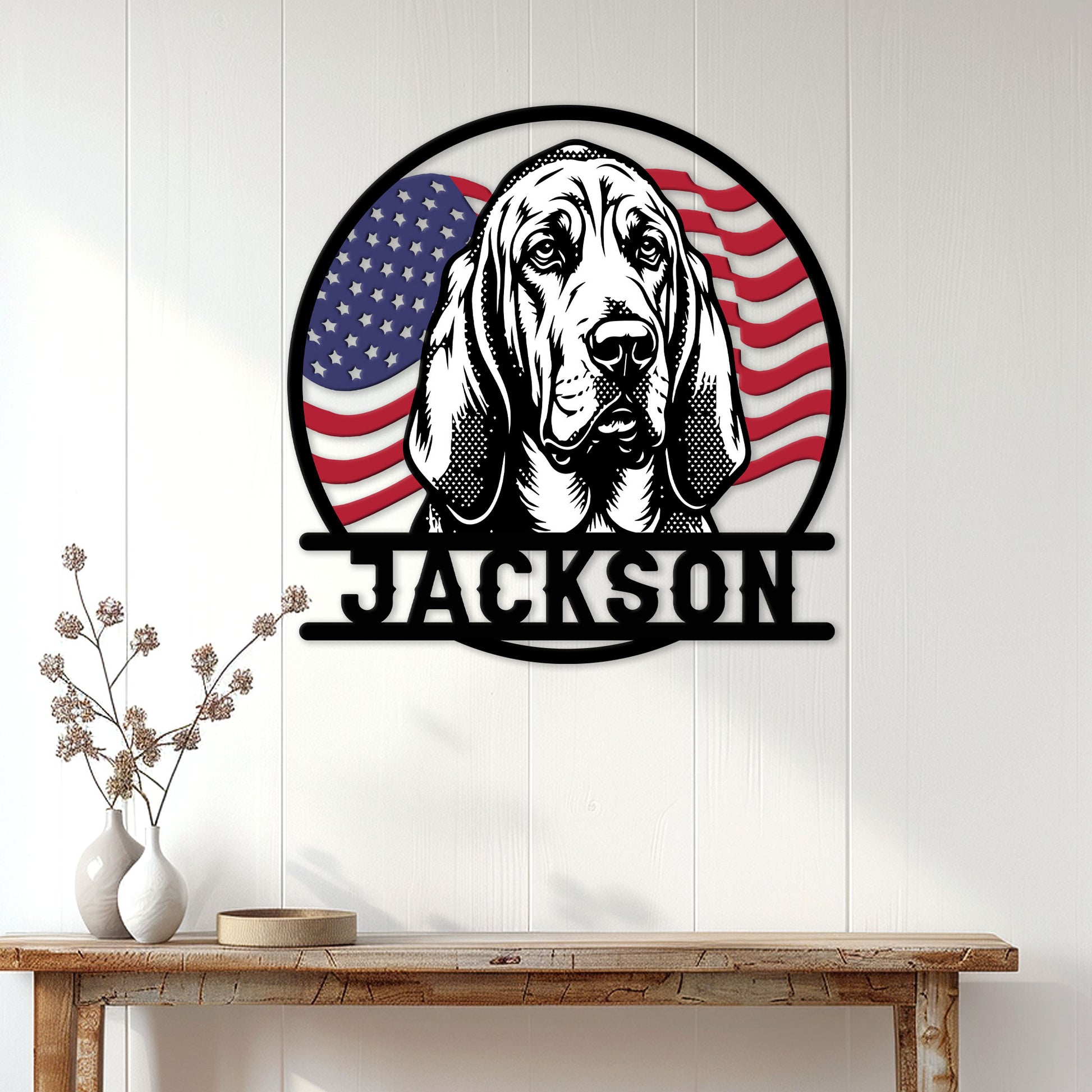 Patriotic bloodhound metal sign displayed as wall decor above a rustic console table