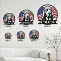 Bloodhound metal sign size guide showing six available square size options in a home setting