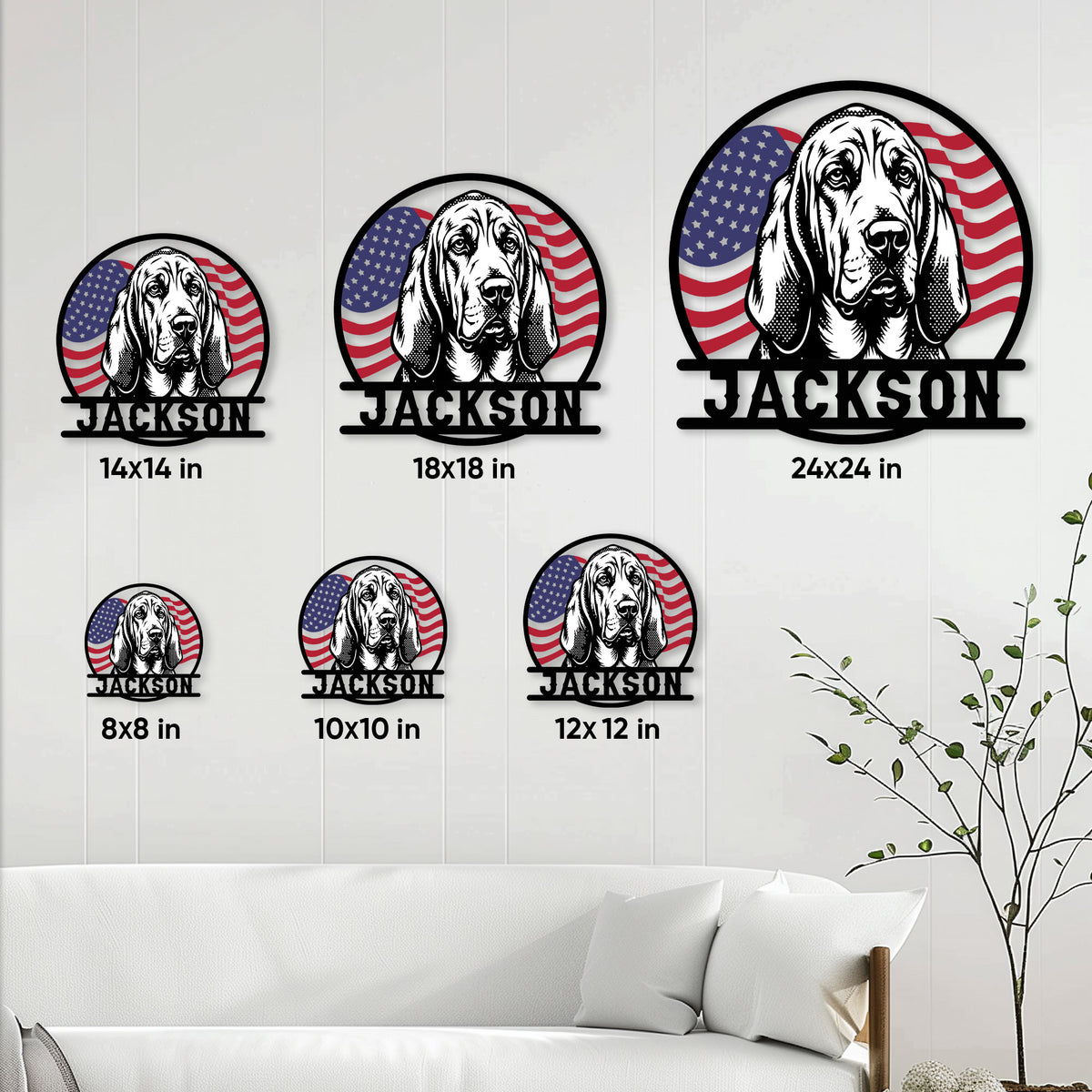 Bloodhound metal sign size guide showing six available square size options in a home setting