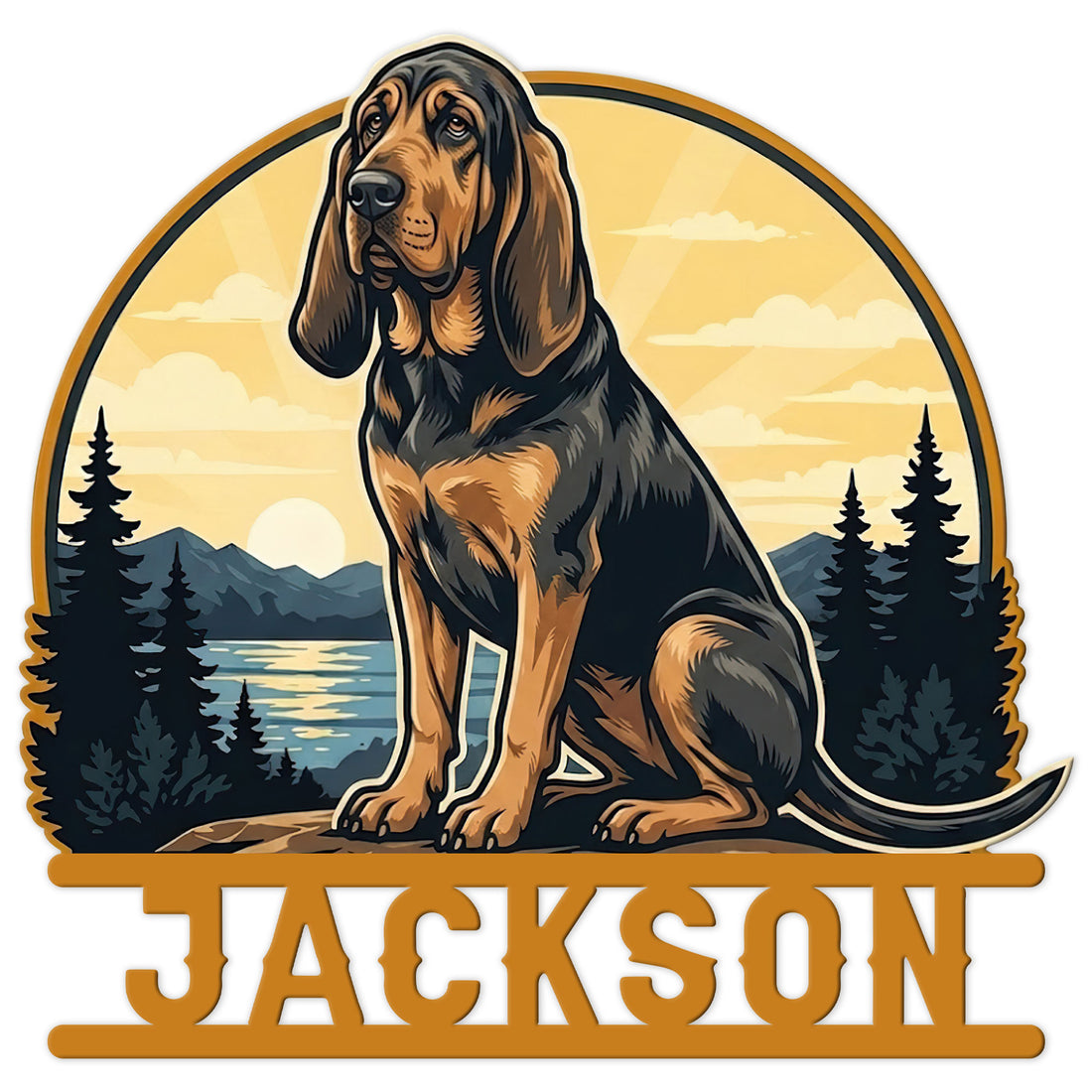 Bloodhound metal sign featuring a seated black and tan hound beside a mountain lake and pine forest