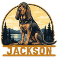 Bloodhound metal sign featuring a seated black and tan hound beside a mountain lake and pine forest