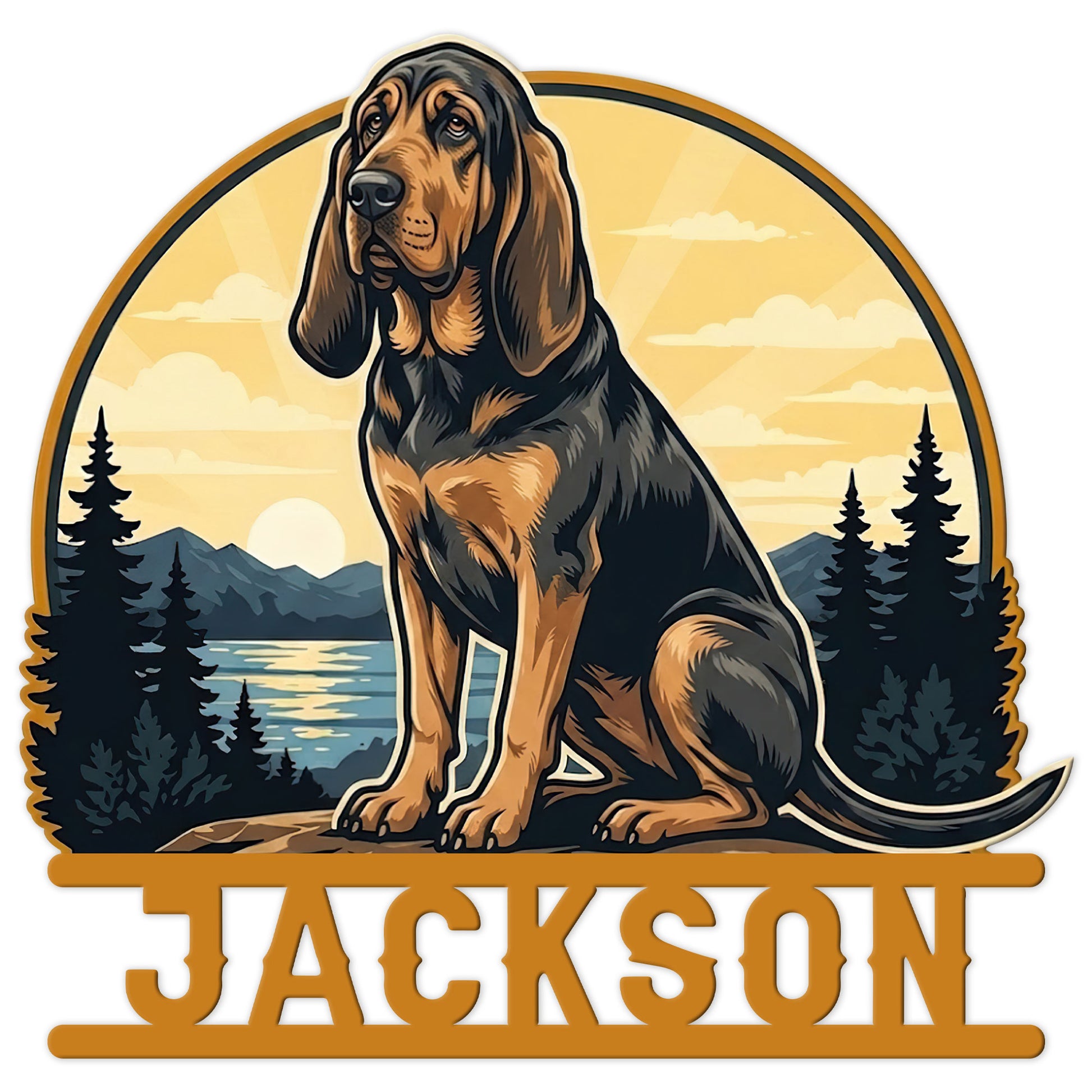 Bloodhound metal sign featuring a seated black and tan hound beside a mountain lake and pine forest