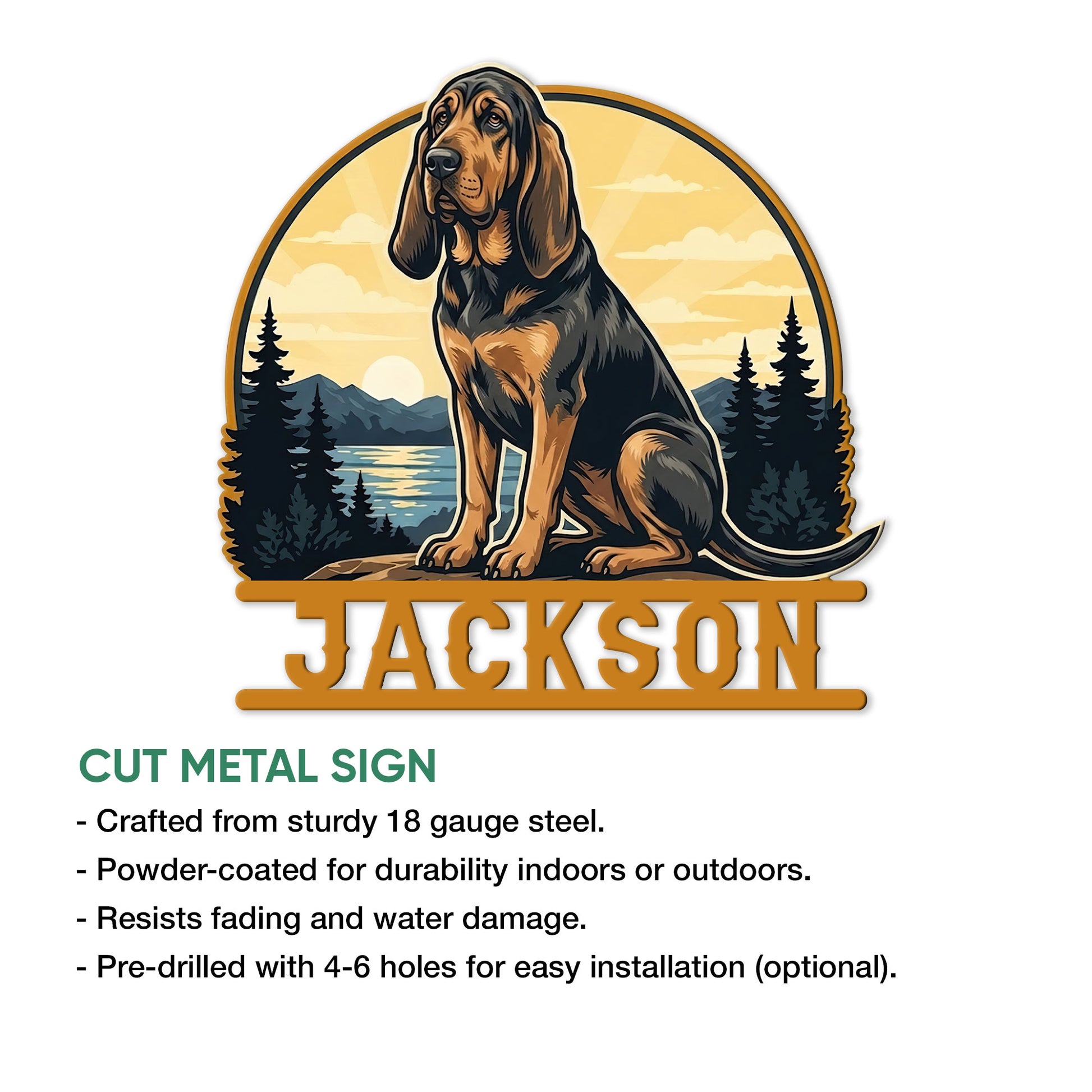 Bloodhound cut metal sign shown in a product feature graphic with multiple size options