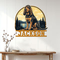 Custom Bloodhound metal wall sign displayed above a console table in a bright home interior