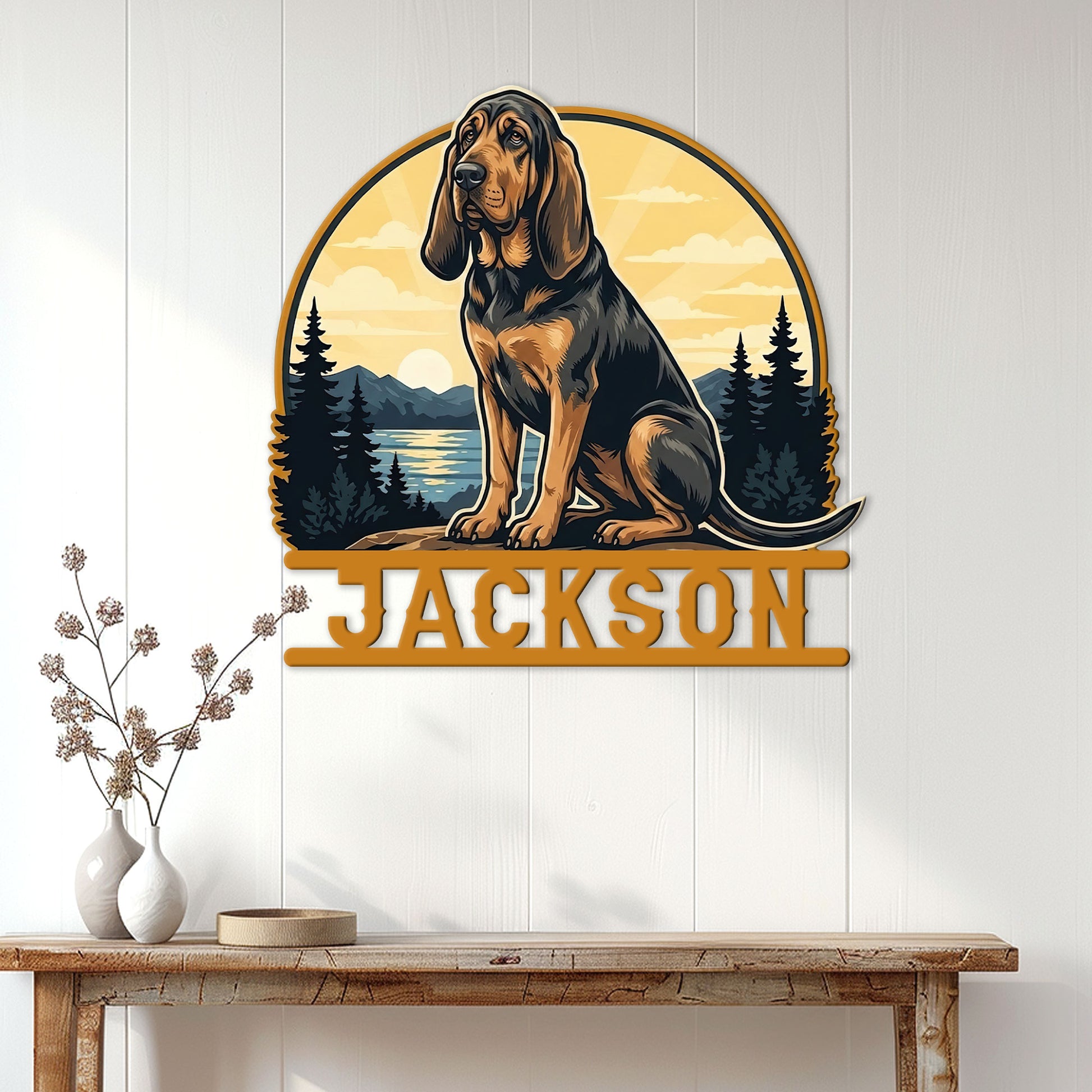 Custom Bloodhound metal wall sign displayed above a console table in a bright home interior