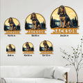 Bloodhound metal wall sign shown in six size options arranged above a living room sofa