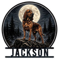 Custom Bloodhound metal sign featuring a detailed dog standing on a rock beneath a full moon in a dark forest